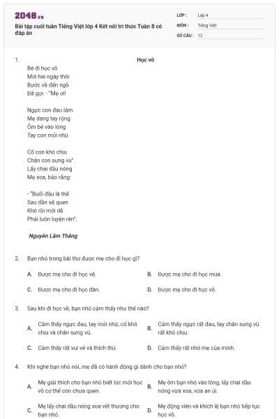 Bài tập cuối tuần Tiếng Việt lớp 4 Kết nối tri thức Tuần 8 có đáp án