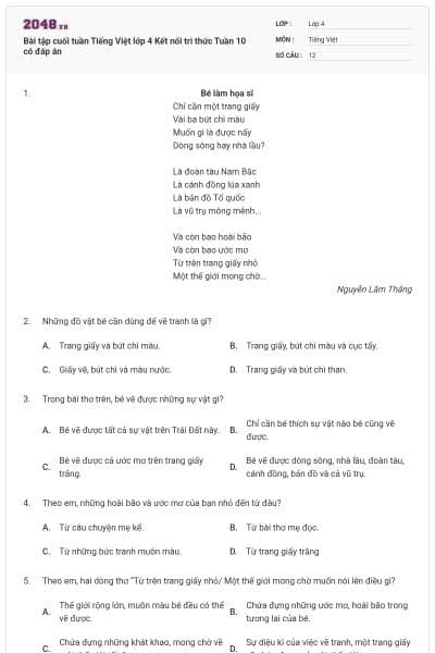 Bài tập cuối tuần Tiếng Việt lớp 4 Kết nối tri thức Tuần 10 có đáp án