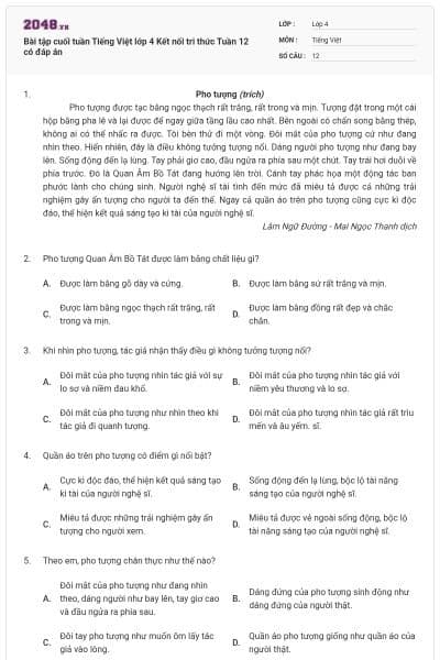 Bài tập cuối tuần Tiếng Việt lớp 4 Kết nối tri thức Tuần 12 có đáp án