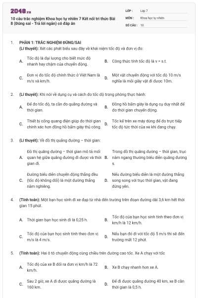 10 câu trắc nghiệm Khoa học tự nhiên 7 Kết nối tri thức Bài 8 (Đúng sai - Trả lời ngắn) có đáp án