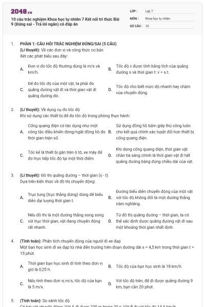 10 câu trắc nghiệm Khoa học tự nhiên 7 Kết nối tri thức Bài 9 (Đúng sai - Trả lời ngắn) có đáp án