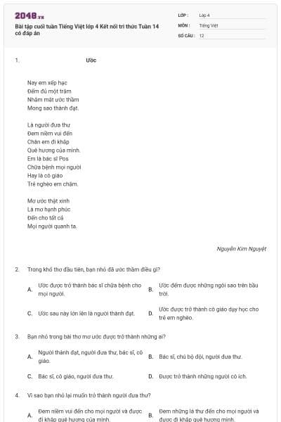 Bài tập cuối tuần Tiếng Việt lớp 4 Kết nối tri thức Tuần 14 có đáp án