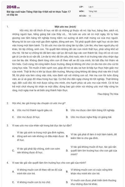 Bài tập cuối tuần Tiếng Việt lớp 4 Kết nối tri thức Tuần 17 có đáp án