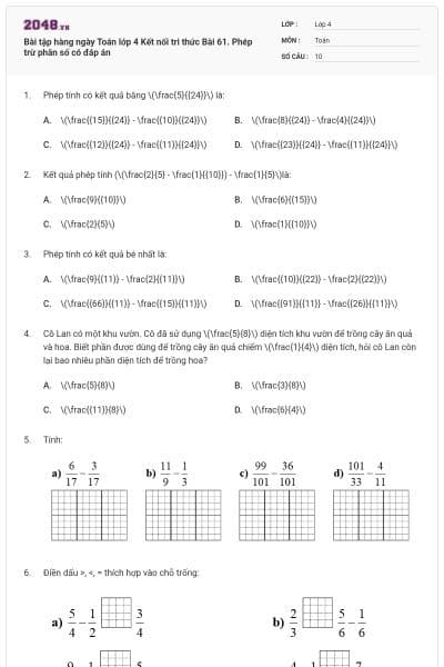Bài tập hàng ngày Toán lớp 4 Kết nối tri thức Bài 61. Phép trừ phân số có đáp án