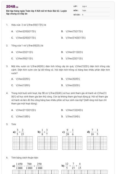 Bài tập hàng ngày Toán lớp 4 Kết nối tri thức Bài 62. Luyện tập chung có đáp án