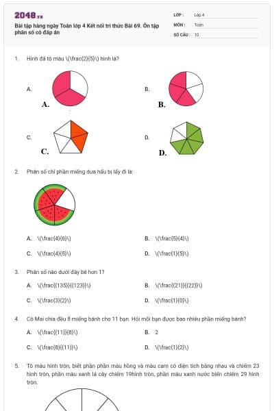 Bài tập hàng ngày Toán lớp 4 Kết nối tri thức Bài 69. Ôn tập phân số có đáp án