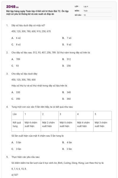 Bài tập hàng ngày Toán lớp 4 Kết nối tri thức Bài 72. Ôn tập một số yếu tố thống kê và xác suất có đáp án