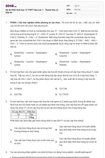 Đề thi HSG Sinh học 12 THPT Hậu Lộc 1 - Thanh Hóa có đáp án