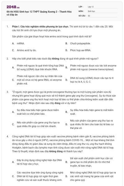 Đề thi HSG Sinh học 12 THPT Quảng Xương 2 - Thanh Hóa có đáp án