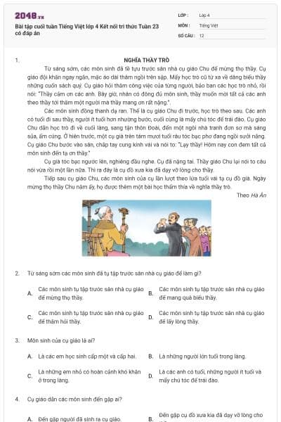 Bài tập cuối tuần Tiếng Việt lớp 4 Kết nối tri thức Tuần 23 có đáp án