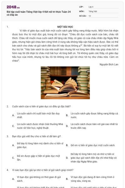 Bài tập cuối tuần Tiếng Việt lớp 4 Kết nối tri thức Tuần 24 có đáp án