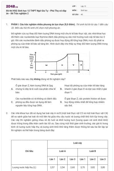 Đề thi HSG Sinh học 12 THPT Ngô Gia Tự - Phú Thọ có đáp án - Đề Trắc nghiệm 2