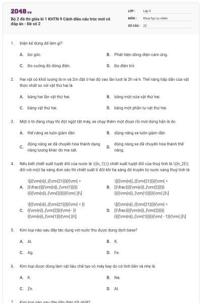 Bộ 2 đề thi giữa kì 1 KHTN 9 Cánh diều cấu trúc mới có đáp án - Đề số 2