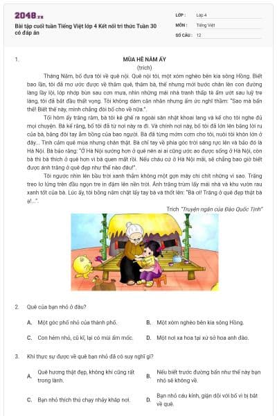 Bài tập cuối tuần Tiếng Việt lớp 4 Kết nối tri thức Tuần 30 có đáp án