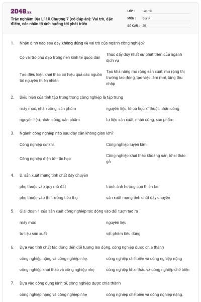 Trắc nghiệm Địa Lí 10 Chương 7 (có đáp án): Vai trò, đặc điểm, các nhân tố ảnh hưởng tới phát triển