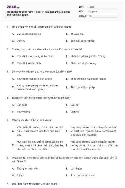 Trắc nghiệm Công nghệ 10 Bài 51 (có đáp án): Lựa chọn lĩnh vực kinh doanh