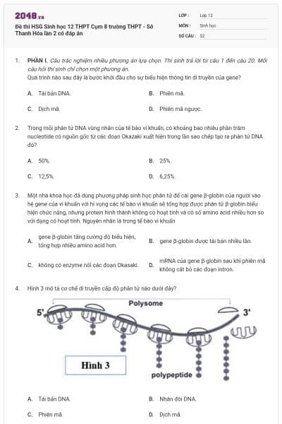 Đề thi HSG Sinh học 12 THPT Cụm 8 trường THPT - Sở Thanh Hóa lần 2 có đáp án