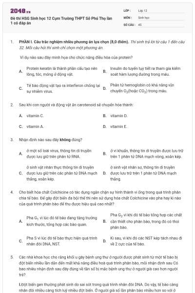 Đề thi HSG Sinh học 12 Cụm Trường THPT Sở Phú Thọ lần 1 có đáp án