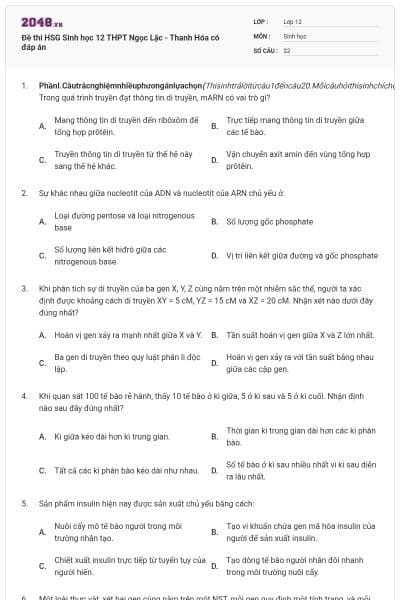 Đề thi HSG Sinh học 12 THPT Ngọc Lặc - Thanh Hóa có đáp án