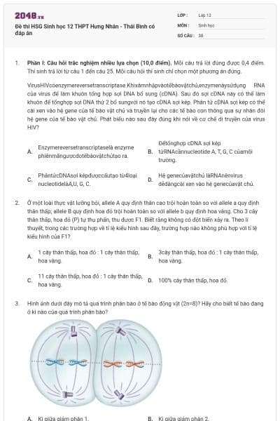 Đề thi HSG Sinh học 12 THPT Hưng Nhân - Thái Bình có đáp án
