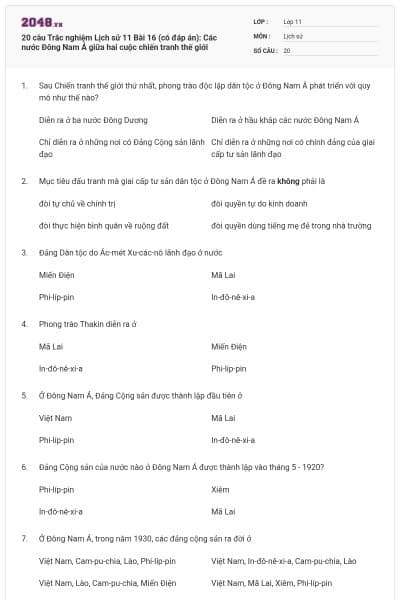 20 câu Trắc nghiệm Lịch sử 11 Bài 16 (có đáp án): Các nước Đông Nam Á giữa hai cuộc chiến tranh thế giới