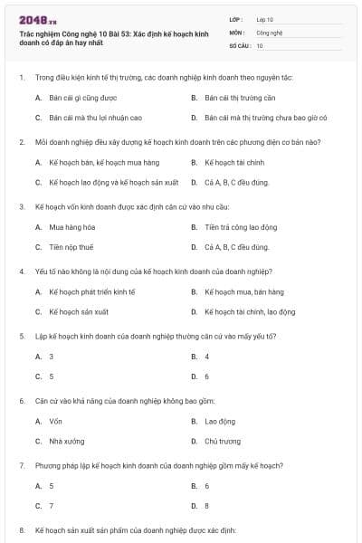 Trắc nghiệm Công nghệ 10 Bài 53: Xác định kế hoạch kinh doanh có đáp án hay nhất