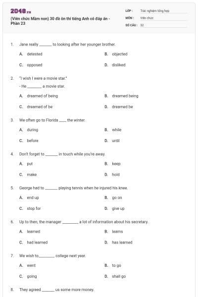 (Viên chức Mầm non) 30 đề ôn thi tiếng Anh có đáp án - Phần 23