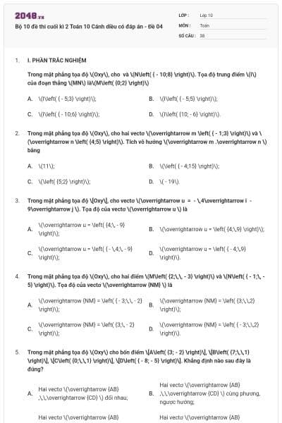 Bộ 10 đề thi cuối kì 2 Toán 10 Cánh diều có đáp án - Đề 04