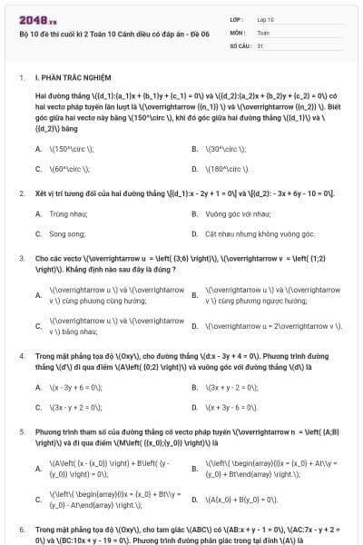 Bộ 10 đề thi cuối kì 2 Toán 10 Cánh diều có đáp án - Đề 06
