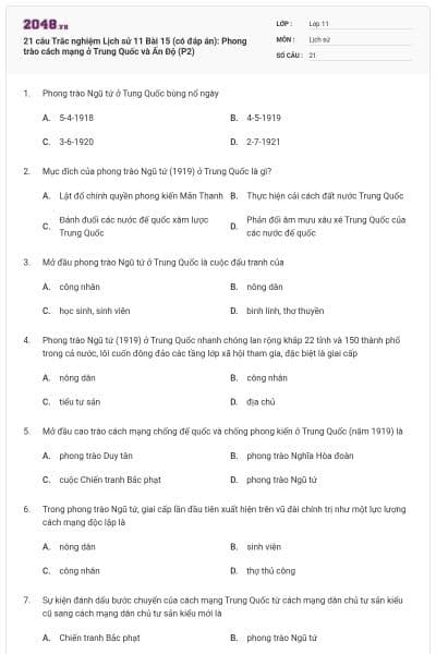21 câu Trắc nghiệm Lịch sử 11 Bài 15 (có đáp án): Phong trào cách mạng ở Trung Quốc và Ấn Độ (P2)