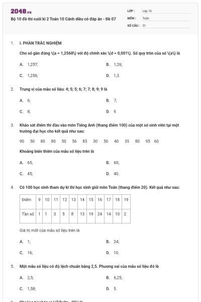 Bộ 10 đề thi cuối kì 2 Toán 10 Cánh diều có đáp án - Đề 07