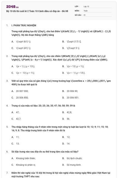 Bộ 10 đề thi cuối kì 2 Toán 10 Cánh diều có đáp án - Đề 08