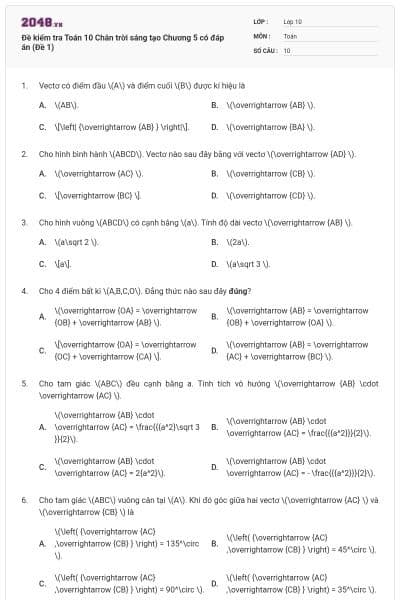 Đề kiểm tra Toán 10 Chân trời sáng tạo Chương 5 có đáp án (Đề 1)