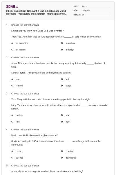 20 câu trắc nghiệm Tiếng Anh 9 Unit 5. English and world discovery - Vocabulary and Grammar - Friends plus có đáp án