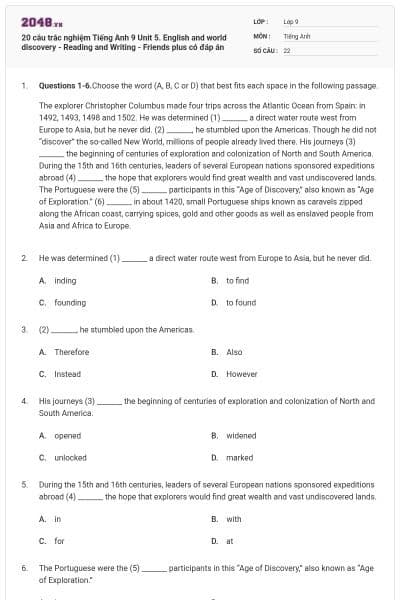 20 câu trắc nghiệm Tiếng Anh 9 Unit 5. English and world discovery - Reading and Writing - Friends plus có đáp án