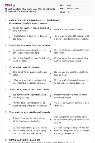 10 câu trắc nghiệm Khoa học tự nhiên 7 Kết nối tri thức Bài 12 (Đúng sai - Trả lời ngắn) có đáp án
