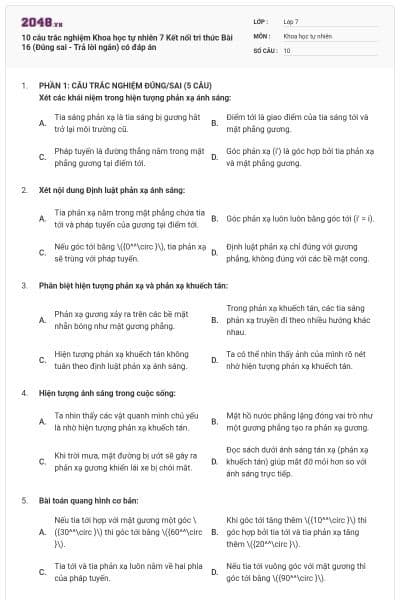 10 câu trắc nghiệm Khoa học tự nhiên 7 Kết nối tri thức Bài 16 (Đúng sai - Trả lời ngắn) có đáp án