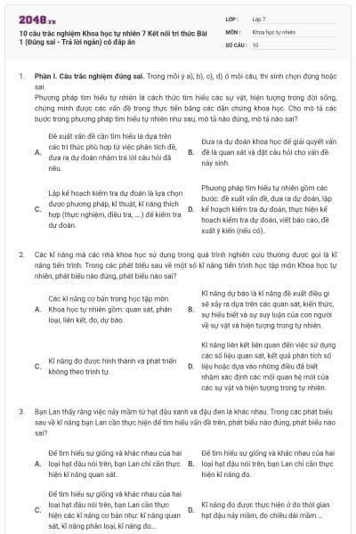 10 câu trắc nghiệm Khoa học tự nhiên 7 Kết nối tri thức Bài 1 (Đúng sai - Trả lời ngắn) có đáp án