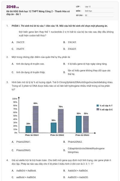 Đề thi HSG Sinh học 12  THPT Nông Cống 2 - Thanh Hóa có đáp án - Đề 1