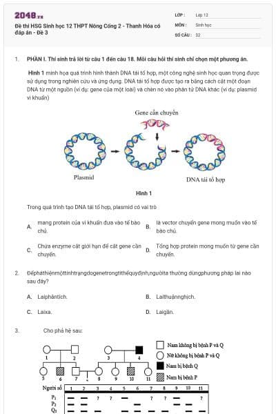 Đề thi HSG Sinh học 12  THPT Nông Cống 2 - Thanh Hóa có đáp án - Đề 3