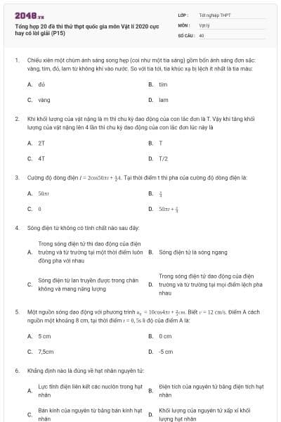 Tổng hợp 20 đề thi thử thpt quốc gia môn Vật lí 2020 cực hay có lời giải (P15)