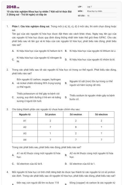 10 câu trắc nghiệm Khoa học tự nhiên 7 Kết nối tri thức Bài 3 (Đúng sai - Trả lời ngắn) có đáp án