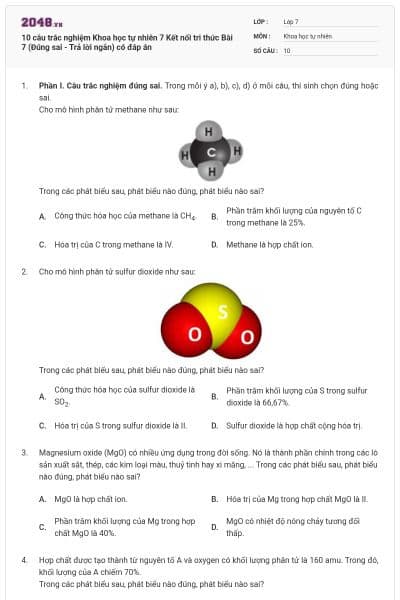 10 câu trắc nghiệm Khoa học tự nhiên 7 Kết nối tri thức Bài 7 (Đúng sai - Trả lời ngắn) có đáp án