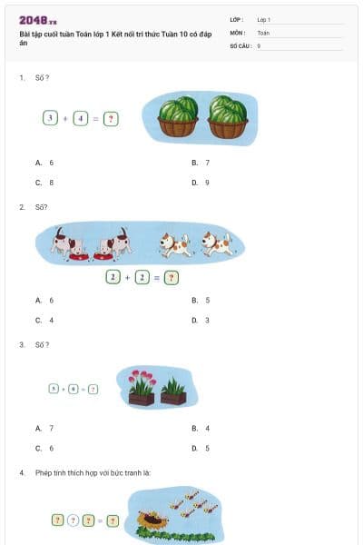 Bài tập cuối tuần Toán lớp 1 Kết nối tri thức Tuần 10 có đáp án
