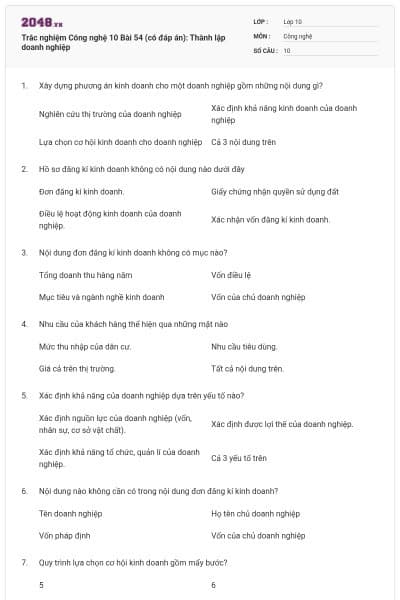 Trắc nghiệm Công nghệ 10 Bài 54 (có đáp án): Thành lập doanh nghiệp