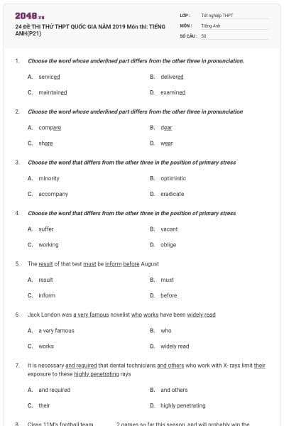 24 ĐỀ THI THỬ THPT QUỐC GIA NĂM 2019 Môn thi: TIẾNG ANH(P21)