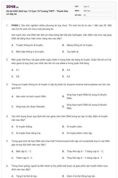 Đề thi HSG Sinh học 12 Cụm 10 Trường THPT - Thanh Hóa có đáp án