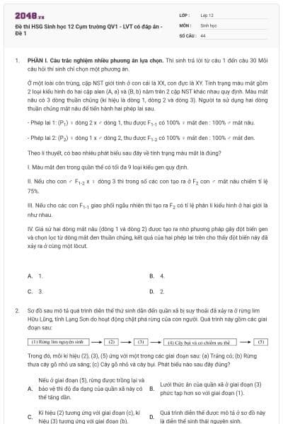 Đề thi HSG Sinh học 12 Cụm trường QV1 - LVT có đáp án - Đề 1