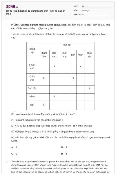 Đề thi HSG Sinh học 12 Cụm trường QV1 - LVT có đáp án - Đề 2