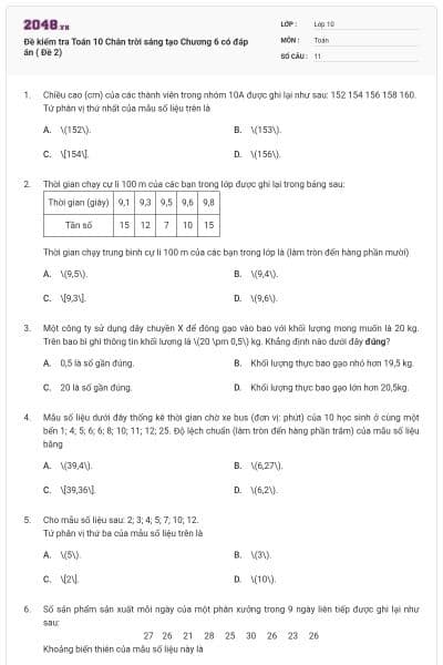 Đề kiểm tra Toán 10 Chân trời sáng tạo Chương 6 có đáp án ( Đề 2)